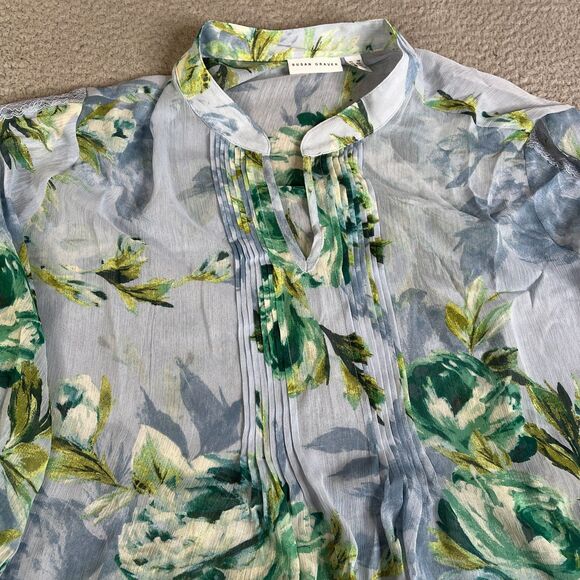 Susan Graver Blouse 3X Blue Green Sheer V Neck Pleated Long Sleeve QVC Flowy - Picture 5 of 14